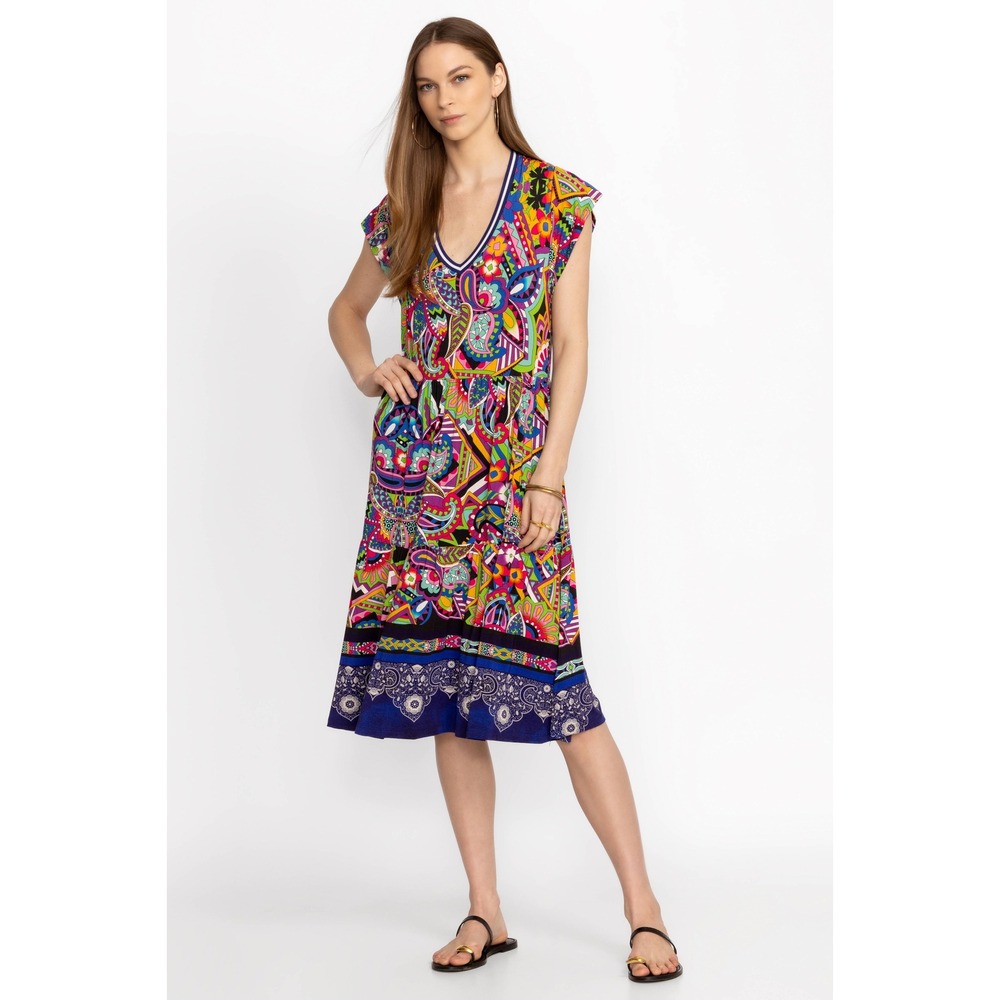Johnny Was Dress Multi-Color Paisley Tiered V-Neck Midi T35624-3